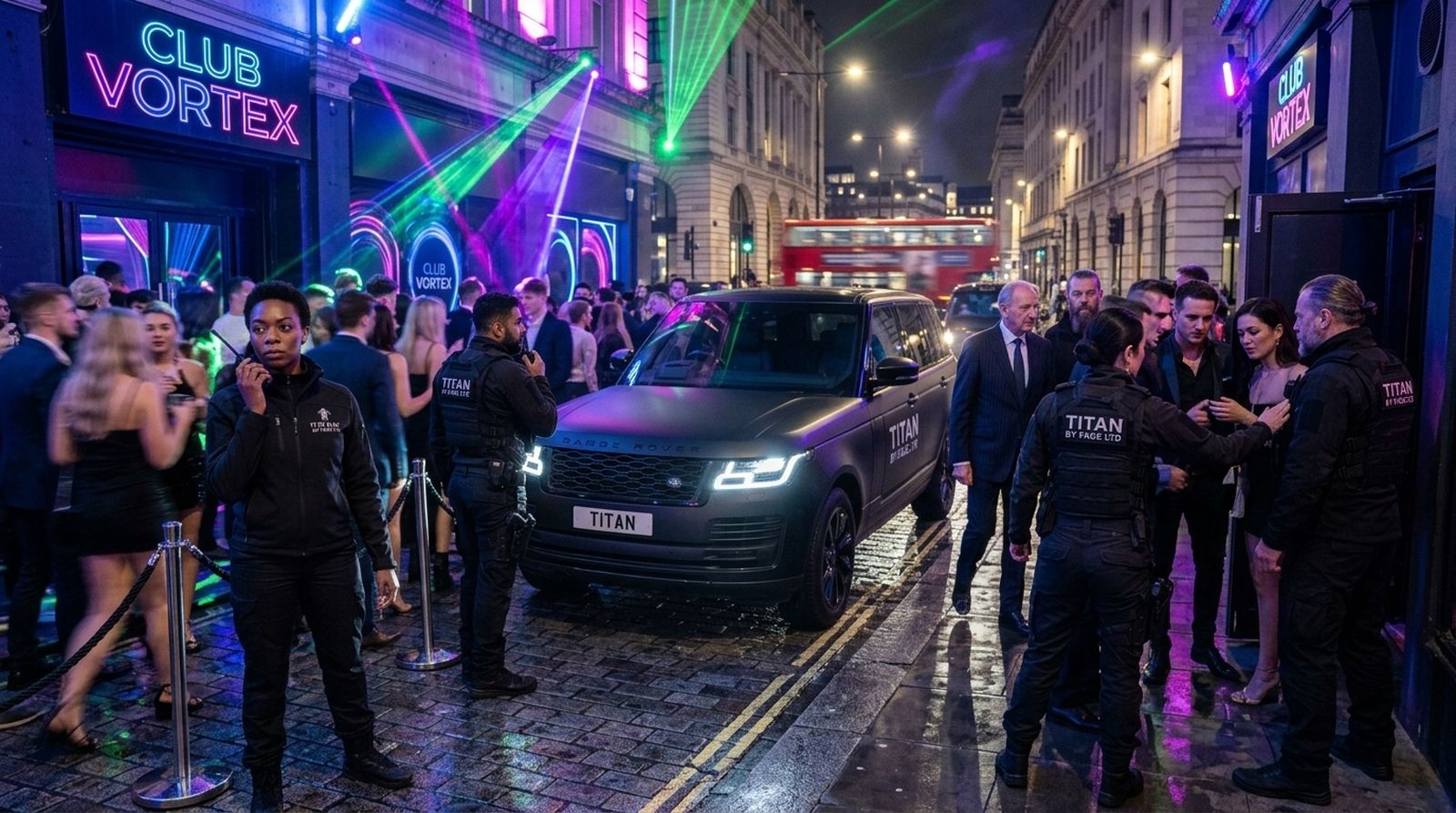 Titans by Fàdé door supervisors managing the queue outside a London nightclub at night